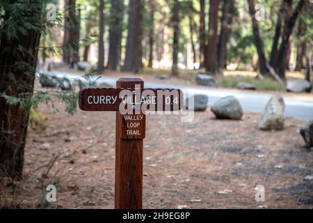 Panneau indiquant le chemin vers Curry Village à Yosemite Valley, Californie. Banque D'Images