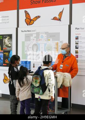 Un doctorant bénévole à la California Academy of Sciences engage le public dans la discussion scientifique Banque D'Images