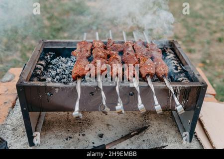 Libre de quelques brochettes de viande grillées étant dans un barbecue. Banque D'Images