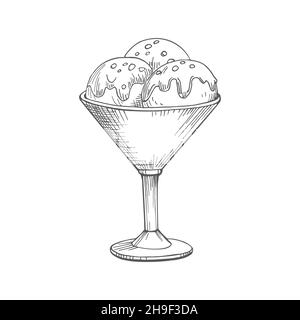 Boules de crème glacée dans une tasse de verre.Illustration vectorielle esquisse de boules de glace dessinées à la main avec confiture de chocolat dans la verrerie isolée sur fond blanc. Illustration de Vecteur