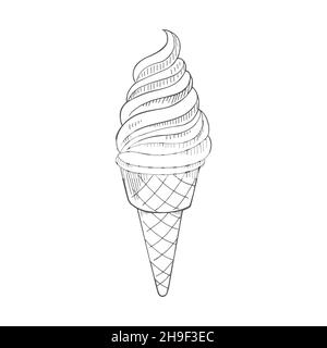 Glace dans une tasse à gaufres.Illustration vectorielle croquis de glace dessinée à la main dans une tasse à gaufres isolée sur un fond blanc. Illustration de Vecteur