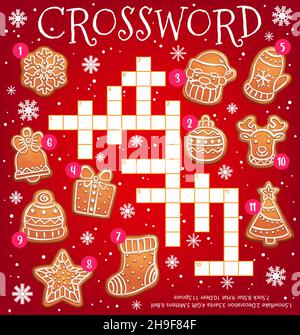 Noël cookie de pain d'épice de la feuille de travail de vecteur de mots croisés ou de trouver un jeu de quiz de mot.Grille de mots croisés de pain d'épice de Noël en forme d'arbre de Noël Illustration de Vecteur
