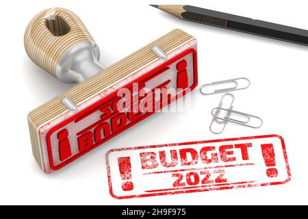 Budget 2022.L'embouti et une empreinte.Le tampon en caoutchouc et l'empreinte rouge BUDGET 2022 sur la surface blanche.3D illustration Banque D'Images