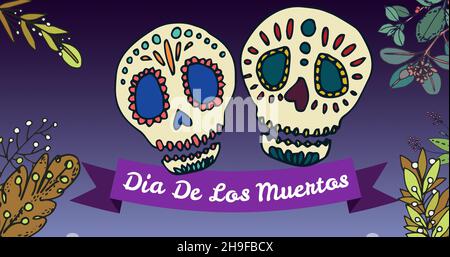 Image vectorielle du texte dia de los muertos avec des crânes colorés sur fond bleu, espace de copie Banque D'Images