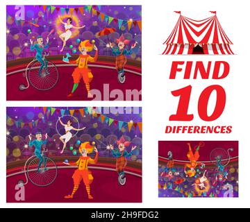 Jeu pour enfants, trouver des différences sur la scène de cirque Shapeito, puzzle vectoriel.Trouvez le jeu de société différences avec le dessin animé funfair carnaval cirque clown jester ou j Illustration de Vecteur