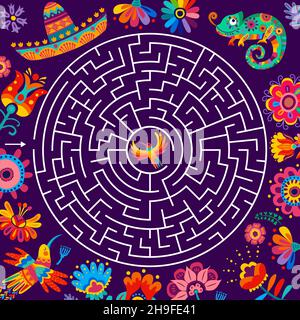 Feuille de travail de labyrinthe rond.Vector mexicain sombrero, fleurs, oiseaux et caméléon.Jeu de pathfinding éducatif pour enfants, casse-tête ou quiz, Bright Mexico Illustration de Vecteur