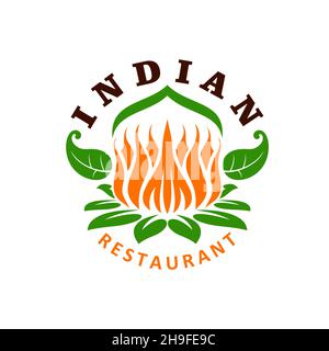 Icône de restaurant de cuisine indienne, menu de cuisine indien et emblème de cuisine vectorielle.Le chef du gourou indien curry bar ou café signe d'épices et de fleurs pour la couverture du menu Illustration de Vecteur