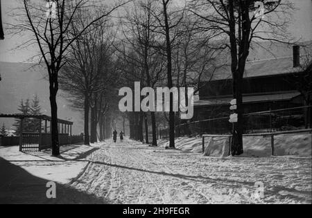 Karpacz, 1948-02.Po 1945 r.Karpacz sta³ siê jednym z najwiêkszych na Ziemiach Zachodnich oœrodków wczasów zorganizawanych, rozbudowany przed i wojn¹ œwiatow¹ W stylu tyrolsko-szwajcarskim.NZ. zaœnie¿ona aleja W parku klimatycznym. po/mgs PAP Dok³adny dzieñ wydarzenia nieustalony.Karpacz, 1948 février.Développé après la première Guerre mondiale dans le style Tirolian-Suisse, après 1945 Karpacz est devenu l'une des plus grandes stations de vacances dans les Territoires de l'Ouest.Photo : une avenue enneigée dans un centre de santé. po/mgs PAP Banque D'Images