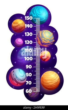 Tableau de hauteur pour enfants, cartoon galaxie espace planètes et étoiles mesure de croissance mètre.Échelle de règle de stadiomètre vectoriel pour les enfants avec le monde extraterrestre de fantaisie. Illustration de Vecteur