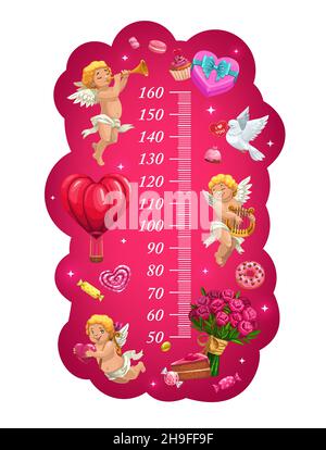 Tableau de hauteur de jour de Saint-Valentin, cupids, cadeaux, bonbons et compteur de croissance de coeur.Autocollant mural vectoriel pour enfants avec articles de Saint-Valentin.Taille des enfants Illustration de Vecteur