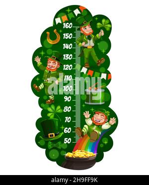 Tableau des hauteurs pour enfants avec dessin animé de limes rigolos.Mesure de la taille des enfants, compteur de croissance vecteur avec de l'or de lepréchuns en pot, arc-en-ciel et trèfle.Pression Illustration de Vecteur