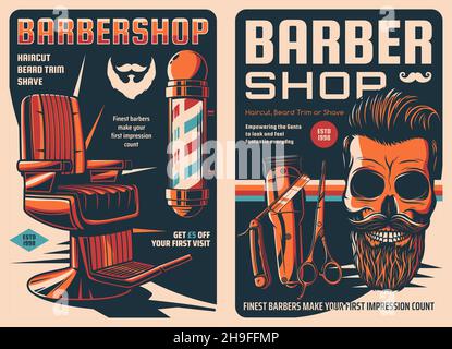 Affiche de barbershop.Crâne avec moustaches et barbes.Salon de coiffure et salon de coiffure pour hommes affiche vectorielle vintage avec affiche en forme de poteau de barbier, lame de rasoir Illustration de Vecteur