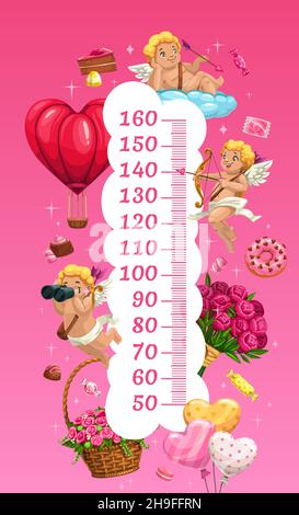 Tableau des hauteurs pour enfants avec indicateur de croissance cupids and Gifts.Autocollant mural vectoriel avec bonbons, ballons, fleurs et articles de fête de la Saint-Valentin.Taille de l'enfant Illustration de Vecteur