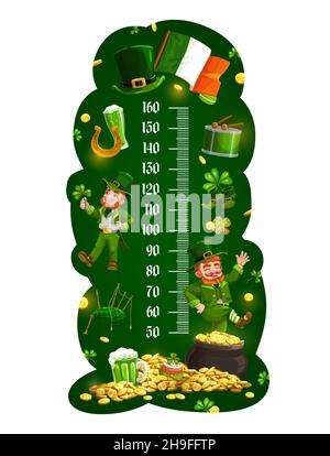 Tableau de hauteur pour enfants cartoon leprechauns mesure de croissance.Personnages drôles, pot avec un autocollant de mur vectoriel d'or pour la mesure de la hauteur de l'enfant avec iris Illustration de Vecteur