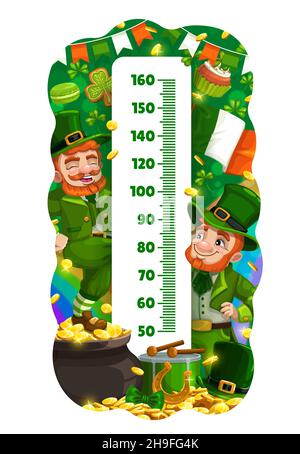 Tableau des hauteurs pour enfants.Caricature rigole leprechuns et or.Autocollant mural à échelle vectorielle pour le compteur de croissance pour la mesure de la hauteur des enfants avec l'irish Saint Patrick Illustration de Vecteur