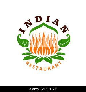Icône de restaurant de cuisine indienne, menu de cuisine indien et emblème de cuisine vectorielle.Le chef du gourou indien curry bar ou café signe d'épices et de fleurs pour la couverture du menu Illustration de Vecteur