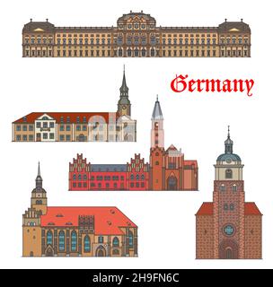 Allemagne bâtiments d'architecture de Brandebourg et Wurzburg, vecteur.Cathédrales allemandes de St Pierre et Paul, résidence de l'évêque de Wurzburg, Spremberg Ratha Illustration de Vecteur