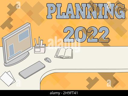 Planification de la légende conceptuelle 2022.Mot écrit sur le processus de faire des plans pour quelque chose l'année prochaine Bureau avec porte-stylo d'ordinateur et ouvert blanc Banque D'Images