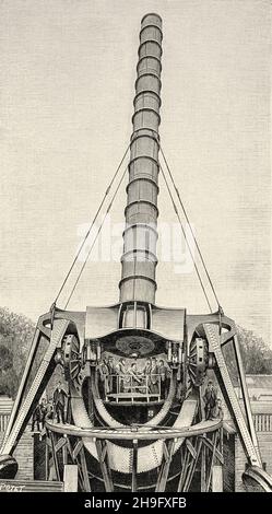 Le grand télescope équatorial coudé de Maurice Loewy à l'exposition industrielle de Berlin (Berliner Gewerbe Ausstellung) qui s'est tenue dans le parc Treptow de Berlin en 1896.Allemagne, Europe.Ancienne illustration gravée du XIXe siècle de la nature 1897 Banque D'Images