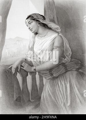 Michal, fille du roi Saül, était l'épouse du roi David, sa mère était Ahinoam.Michal a sauvé la vie de David en le soulevant d'une fenêtre et en lui donnant le temps de s'échapper.Ancienne illustration gravée du XIXe siècle de Mugères de la Biblia par Joaquin Roca y Cornet 1862 Banque D'Images