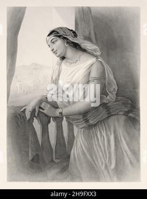 Michal, fille du roi Saül, était l'épouse du roi David, sa mère était Ahinoam.Michal a sauvé la vie de David en le soulevant d'une fenêtre et en lui donnant le temps de s'échapper.Ancienne illustration gravée du XIXe siècle de Mugères de la Biblia par Joaquin Roca y Cornet 1862 Banque D'Images