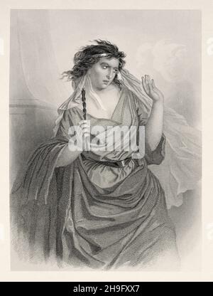 La Sorcière d'Endor est une figure de la Bible, le Premier Livre de Samuel.Ancienne illustration gravée du XIXe siècle de Mugères de la Biblia par Joaquin Roca y Cornet 1862 Banque D'Images