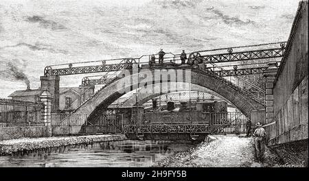 Pont levant sur le Canal de l'Ourcq, rue de Crimée, Paris, France, Europe.Ancienne illustration gravée du XIXe siècle de la nature 1885 Banque D'Images