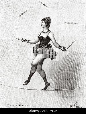 Force et compétence, jeune fille jonglant sur un fil au cirque des champs-Elysées à Paris.France.Ancienne illustration gravée du XIXe siècle de la nature 1885 Banque D'Images