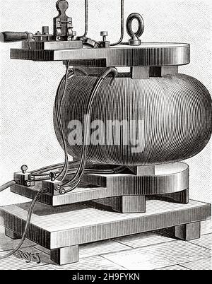 Transformateur électrique.Distribution de l'énergie électrique par les transformateurs.Premiers transformateurs par Miksa Déri, Ottó Bláthy et Károly Zipernowsky.Entreprise de fabrication hongroise Ganz Works.Ancienne illustration gravée du XIXe siècle de la nature 1885 Banque D'Images