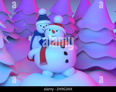 Une famille de bonhommes de neige marche dans la forêt.Illustration de l'éclairage au néon.Émotions positives.Le père tient l'enfant sur son dos.Rendu 3D Banque D'Images