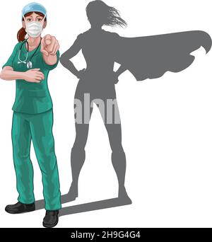 Infirmière Doctor Woman Super Hero Shadow Pointing Illustration de Vecteur