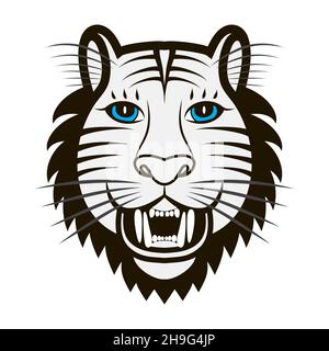 Tête de tigre noir et blanc.Museau avec yeux bleus et bouche ouverte.De grandes fangs dans la bouche.Predator regarde droit devant.Tigre bleu.Symbole de Chine Illustration de Vecteur