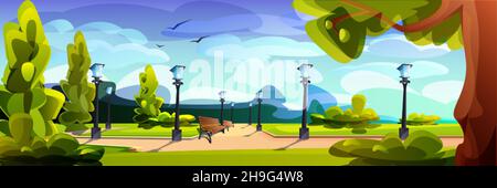 Parc municipal vide avec bancs en bois, arbres verts et feux de rue le long du chemin.Lieu public pour la marche et les loisirs.Paysage estival de dessin animé vectoriel avec jardin urbain, lanternes et oiseaux. Illustration de Vecteur