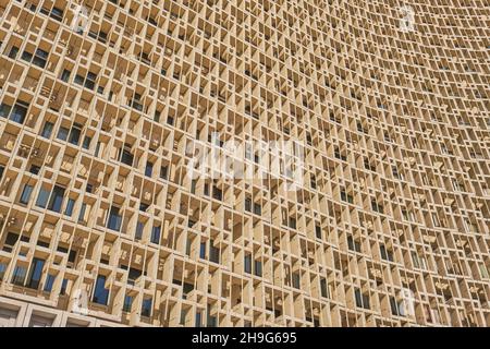 L'hôtel emblématique Ouzbékistan, construit en 1974 dans le style soviétique, russe, Brutaliste de conception d'architecture.Dans le centre-ville de Tachkent, Ouzbékistan.Détail de Banque D'Images