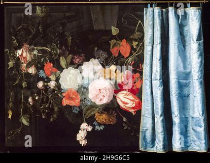 Adriaen van der spelt, Frans van Mieris, trompe-l'oeil: Encore la vie avec un guirlande de fleurs et un rideau, peinture, 1658 Banque D'Images