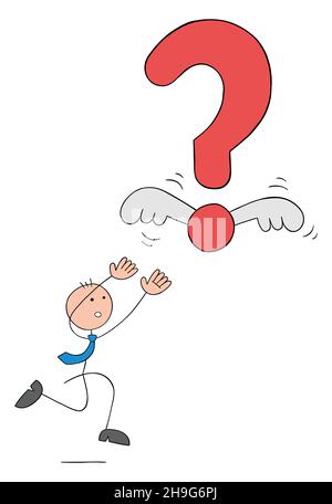 L'homme d'affaires stickman pourchassant le point d'interrogation de vol ailé, essayant de l'attraper.Illustration vectorielle dessinée à la main. Illustration de Vecteur