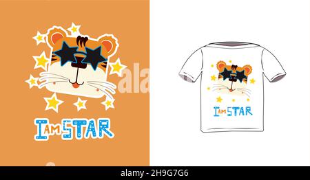 Drôle de visage de tigre. Museau avec lunettes pour l'impression sur des vêtements ou une affiche. Illustration vectorielle d'un chaton sauvage de dessin animé. Illustration de Vecteur