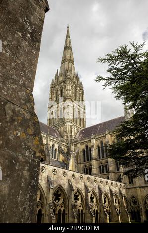 Vue sur la tour et la flèche de la cathédrale de Salisbury, Wiltshire, Angleterre, Royaume-Uni Banque D'Images