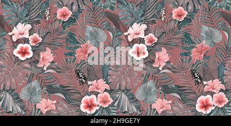 Motif tropical exotique avec fleurs d'hibiscus, papillons, feuilles tropicales.Fond floral.Illustration du schéma à main 3D. Banque D'Images