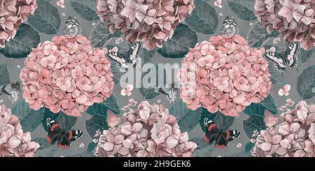 Motif botanique sans couture avec fleurs d'hortensia et papillons.Fond floral printanier.Dessin à la main dans la gouache Banque D'Images
