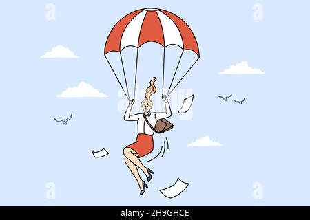 Stratégie commerciale et concept d'évacuation.Souriante femme d'affaires positive qui vole vers le bas avec des papiers tenant un parachute blanc rouge dans l'illustration du vecteur de ciel Illustration de Vecteur