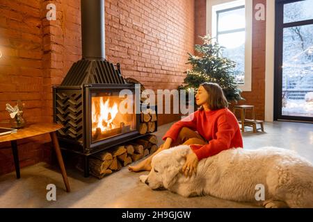 Femme avec chien à la maison pendant les vacances d'hiver Banque D'Images