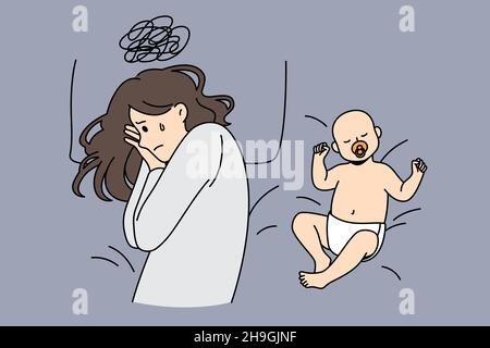 Concept de dépression et de parentalité post-partum.Jeune mère dépressive triste avec des pensées dures couché dans le lit avec bébé endormi heureux à proximité illustration vectorielle Illustration de Vecteur