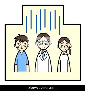 Trois travailleurs médicaux qui ont l'air tristes avec les gouttes d'eau à l'hôpital Banque D'Images