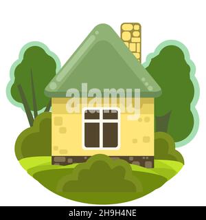 Petite maison de campagne avec des murs jaunes et des toits verts.Style de dessin animé amusant.Village suburbain de campagne.Architecture simple traditionnelle.Illustration Illustration de Vecteur