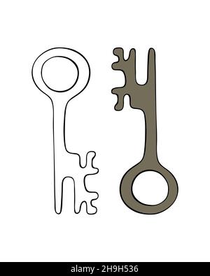 Key Old vintage fait main style doodle, contour silhouette noire, isolé, fond blanc.Illustration vectorielle Illustration de Vecteur
