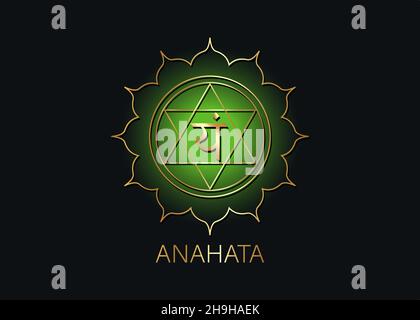 Anahata quatrième chakra avec le mantra de semence hindou Sanskrit VAM. Vert est un symbole de style de conception plate pour la méditation, le yoga.Modèle logo Gold Vector Illustration de Vecteur