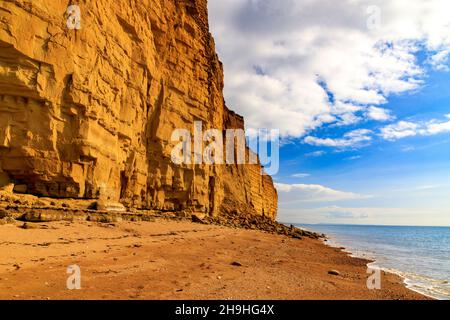 Un des fréquents effondrements de la roche instable et dangereuse de grès Burton Cliff sur la côte jurassique à Burton Bradstock, Dorset, Angleterre, Royaume-Uni Banque D'Images