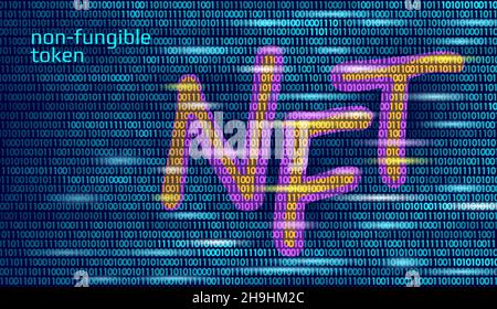 NFT 3D crypto-monnaie unique non fongible.Code de sécurité crypto de blockchain art.propriété du certificat d'objet photo numérique stocké.technologie Illustration de Vecteur