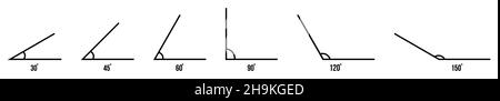 Ensemble d'icônes de ligne d'angles.icône à 30, 45, 60, 90, 120 et 150 degrés.Illustration vectorielle Illustration de Vecteur